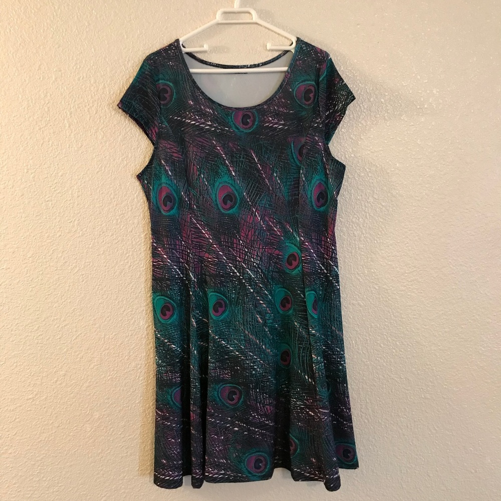 Lily Teal & Purple Peacock Feather CapSleeve Dress